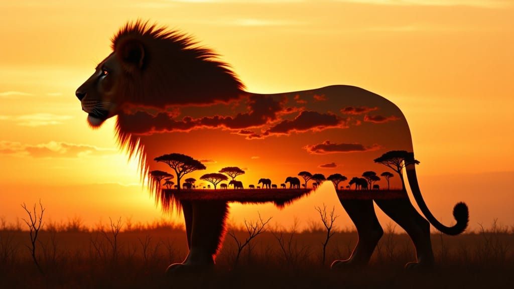Majestic Lion Silhouette with African Savannah Sunset