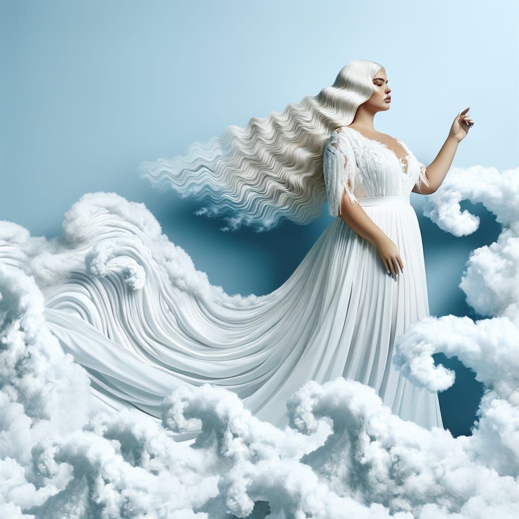 Plus-Size Woman in White Gown Among Clouds
