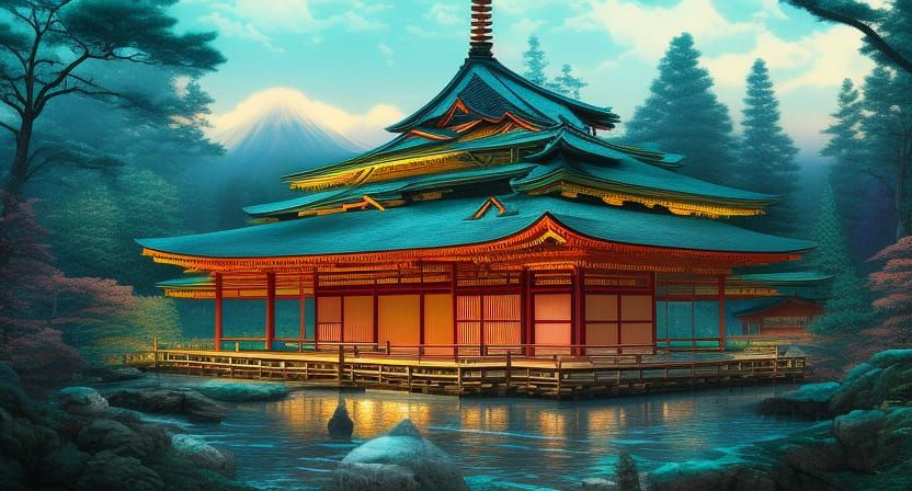 Japanese Pagoda in Groovy Neon Vista Style