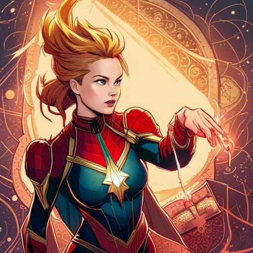 Captain Marvel Digital Art with Golden Outlines
