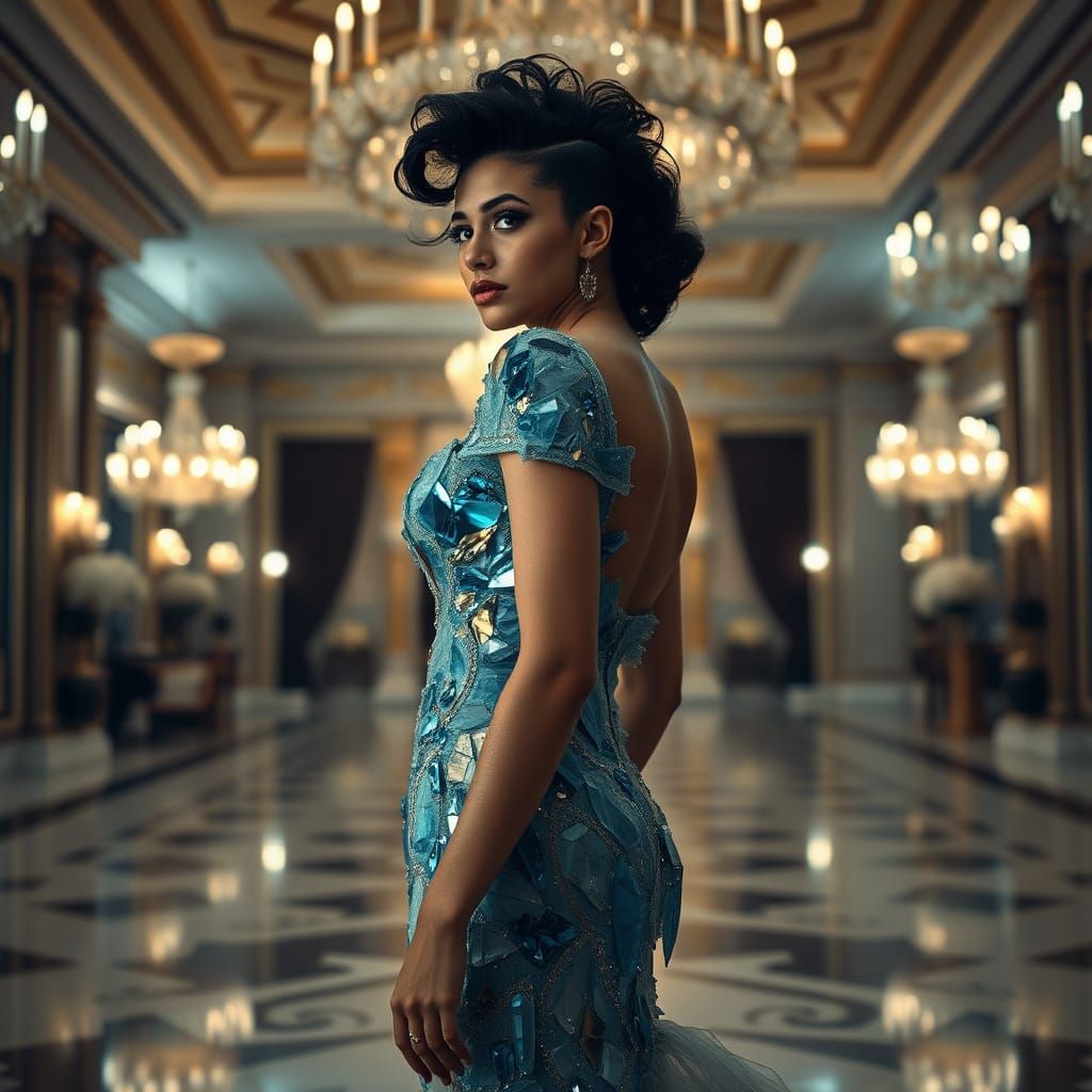 Crystalline Dress in Opulent Ballroom, Hyperrealistic Style