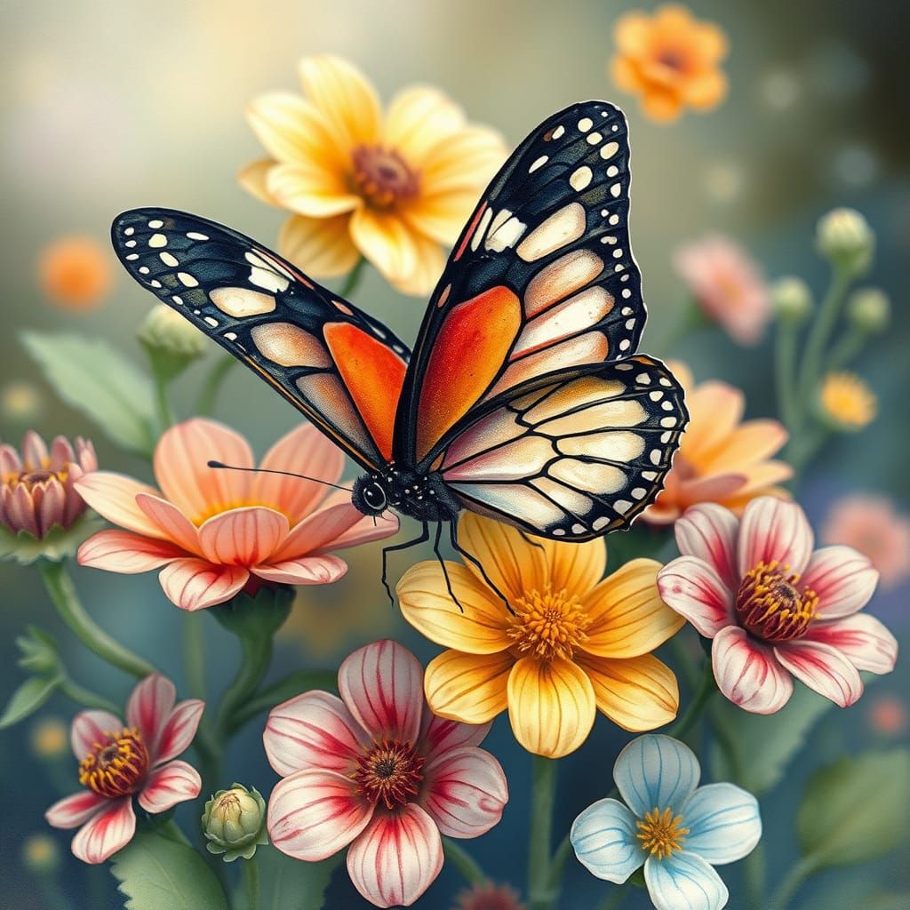 Butterfly Among Flowers in Whimsical Watercolor Style