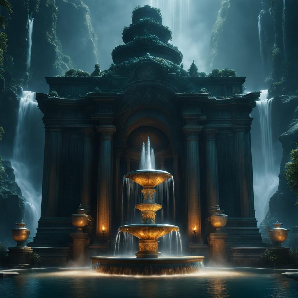 Magical Water Fountain Matte Painting in Deep Color