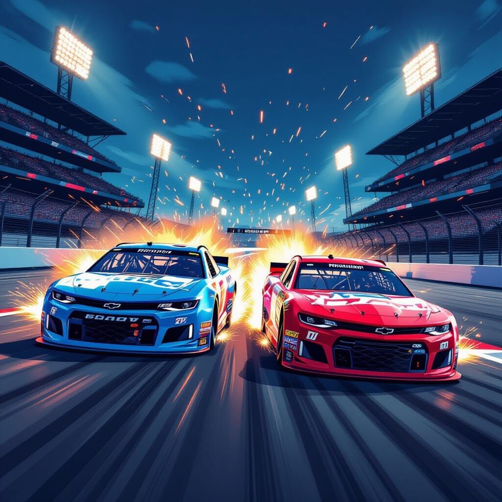NASCAR Cars in High-Speed Duel, Futuristic Style