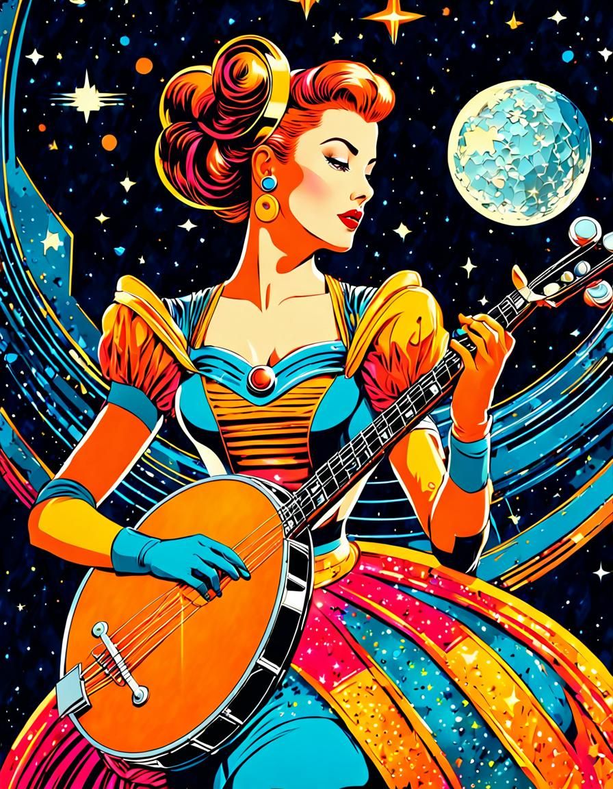 Retrofuturistic Space Woman Plays Banjo, Line Art
