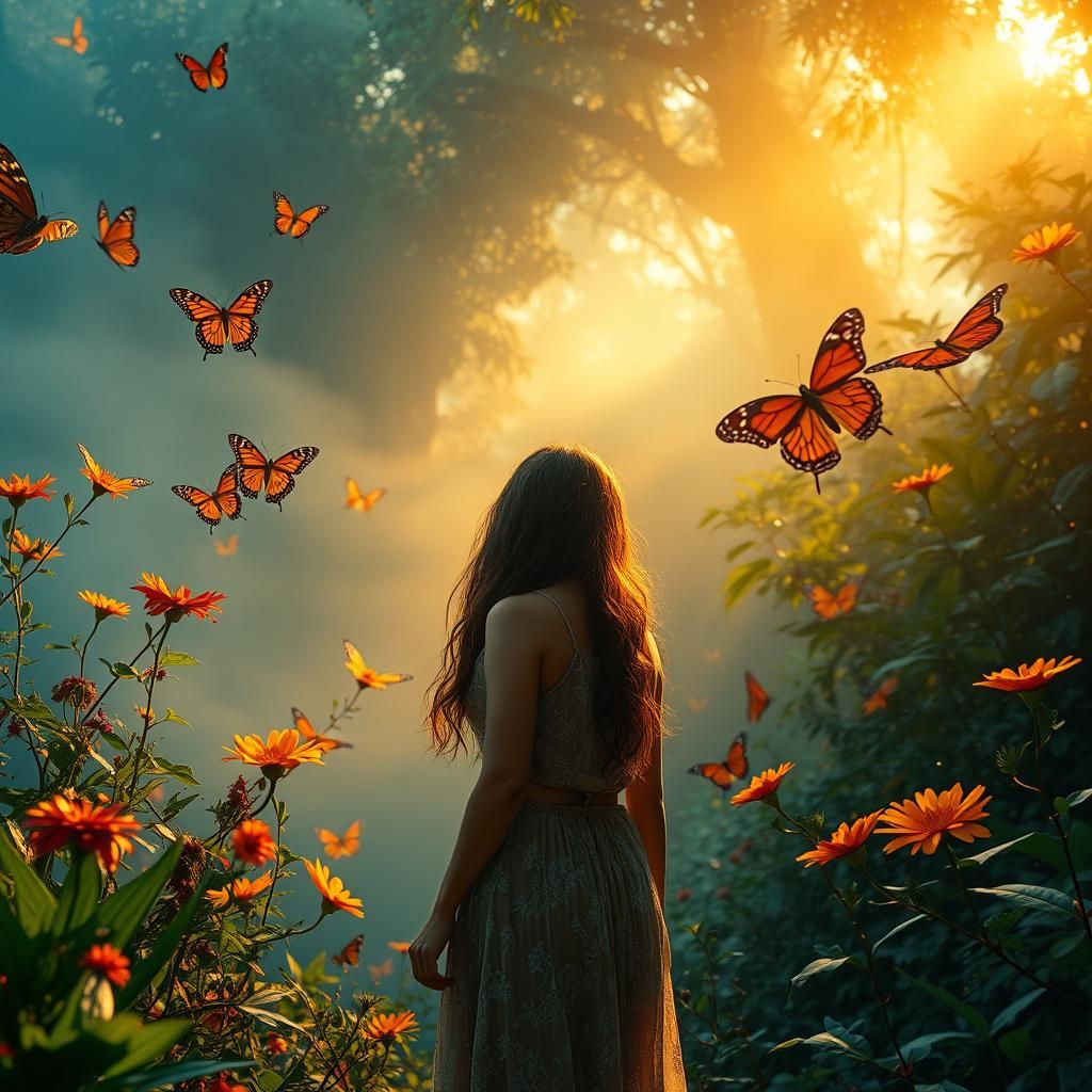 Woman in Butterfly Realm: Hyperrealistic Dreamscape