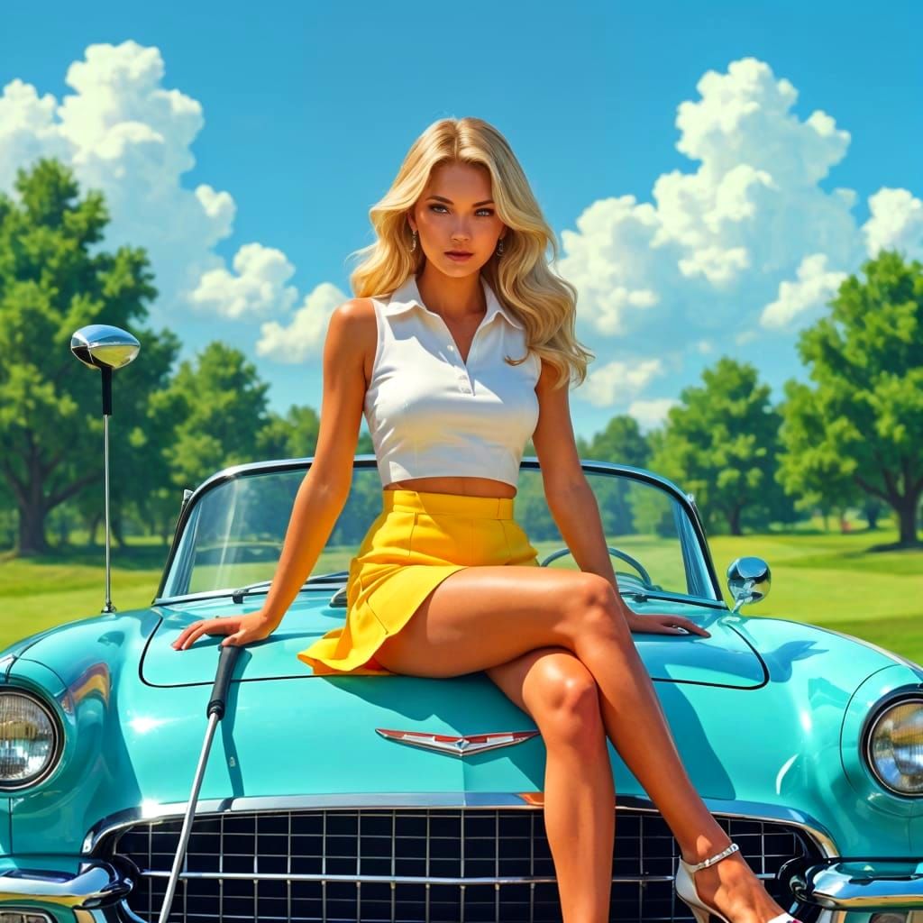 Blonde Woman on a Classic Corvette at Golf Course