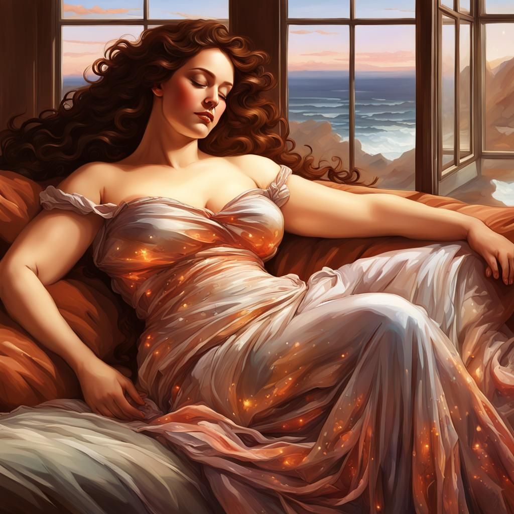 Curvy Woman Sleeping, Astral Cosmic Illustration
