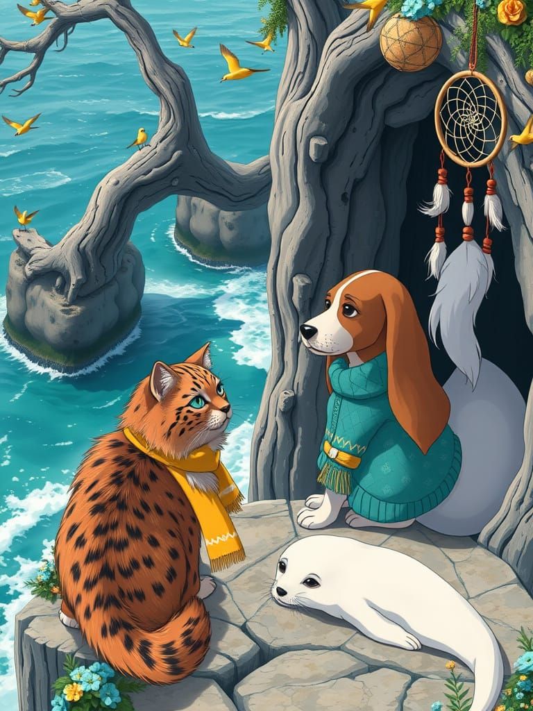 Leopard Cat and Basset Hound in Ghibli Style