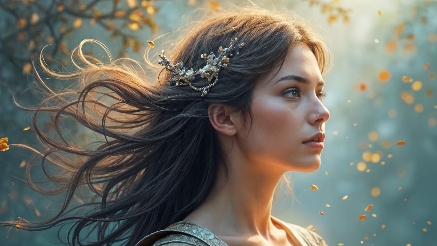 Ethereal Warrior in Cinematic Landscape with Painterly Brush...