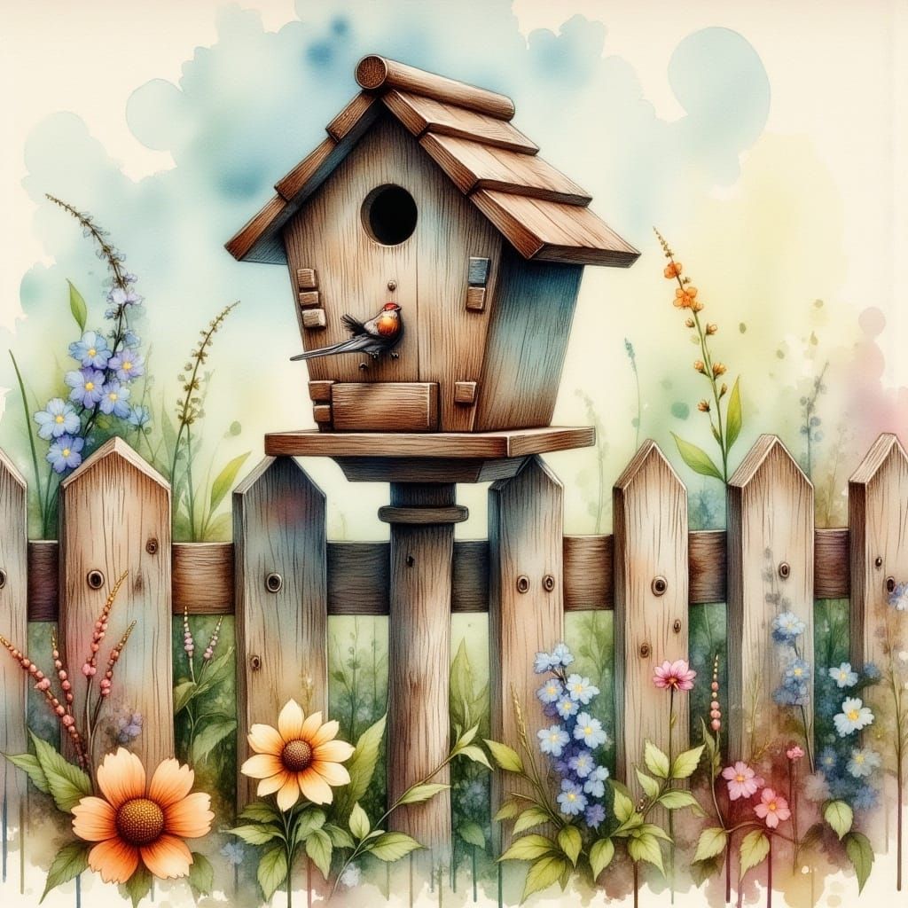 Vintage Birdhouse Watercolor Painting on Country Fence