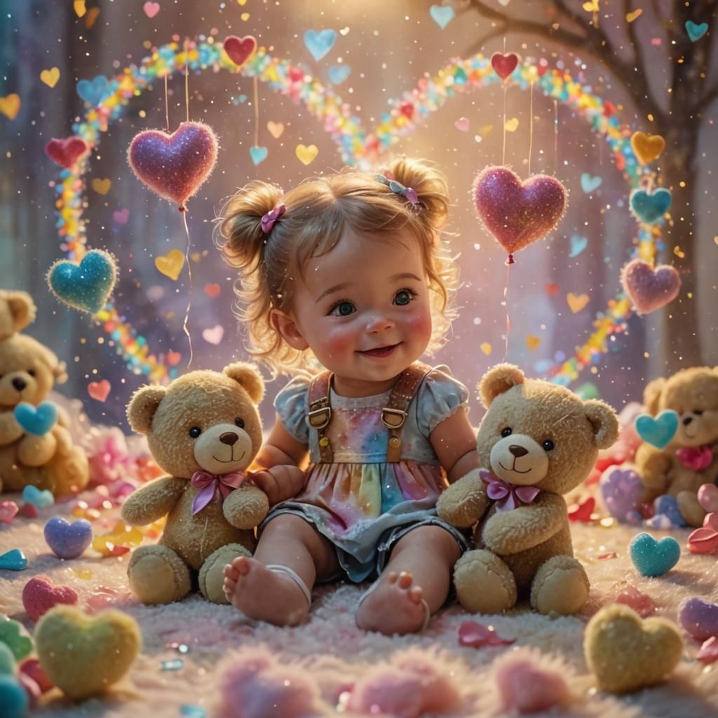 Happy Baby Girl with Teddy Bears: Watercolor Fantasy