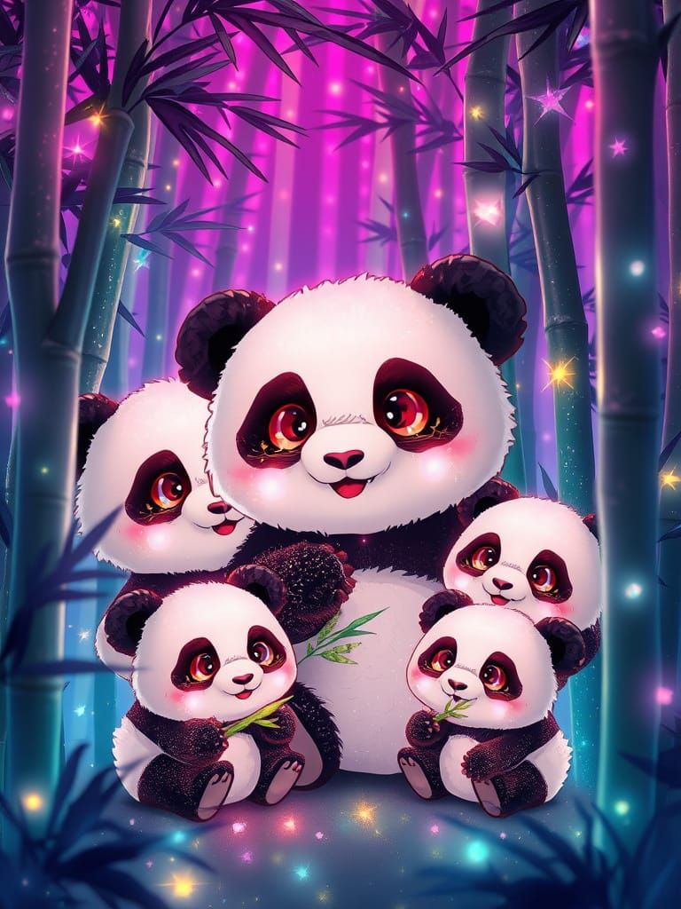 Chibi Panda Family in Fiberoptic Forest
