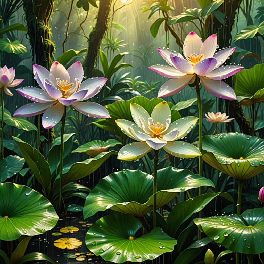 Vibrant Tropical Rainforest Blooms in Warm Golden Light