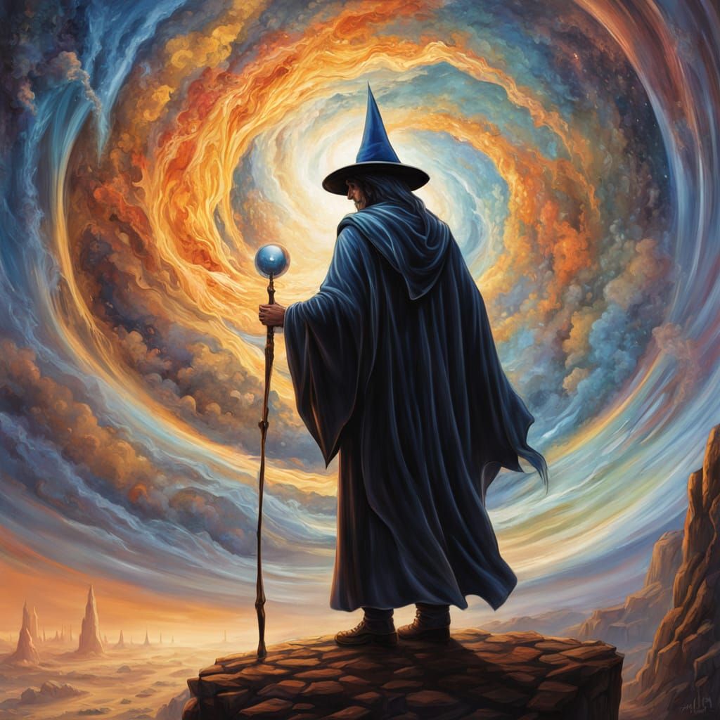Wizard Gazing into Cosmic Vortex: Dark Fantasy Illustration