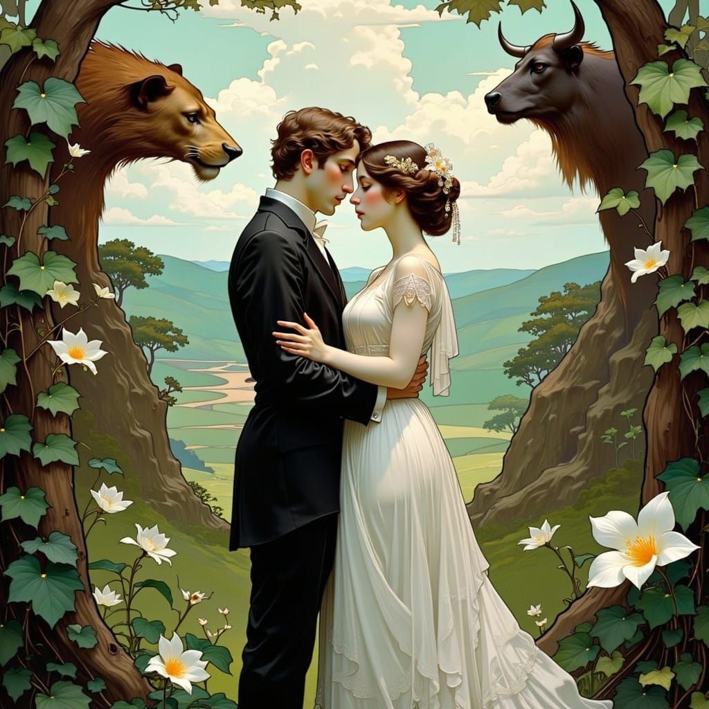 Tender Earthly Union in Art Nouveau Style