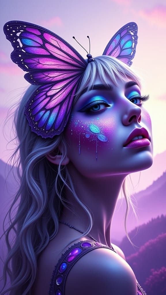 Surreal Butterfly Woman Double Exposure Illustration