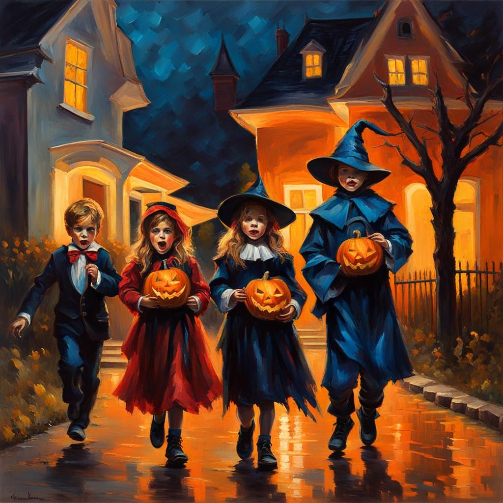 Halloween Night Impressionist Painting of Trick-or-Treaters