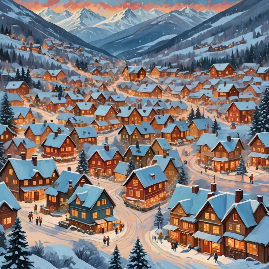 Christmas Eve in Mountain Village: Folk Art Gouache