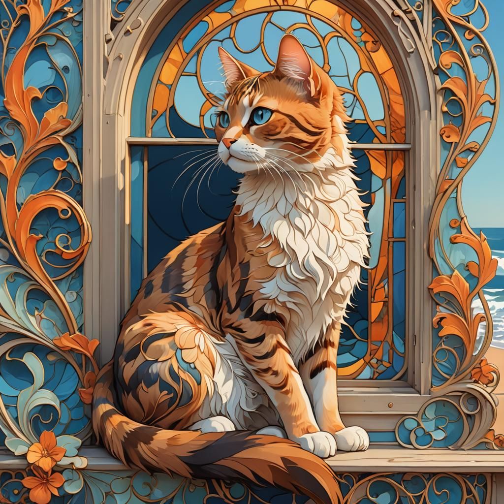 Lofi Cat in Vibrant Beachside Scene