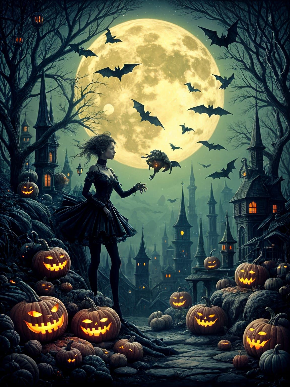 Eerie Dreamscape with Dancing Pumpkin Creatures and Bats