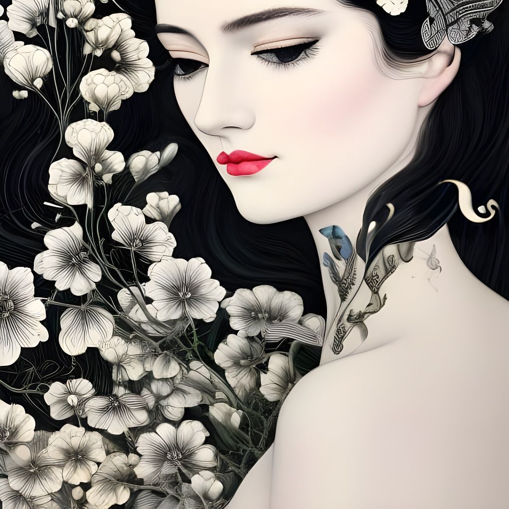 Girl with Black Flowers: Art Nouveau Digital Painting
