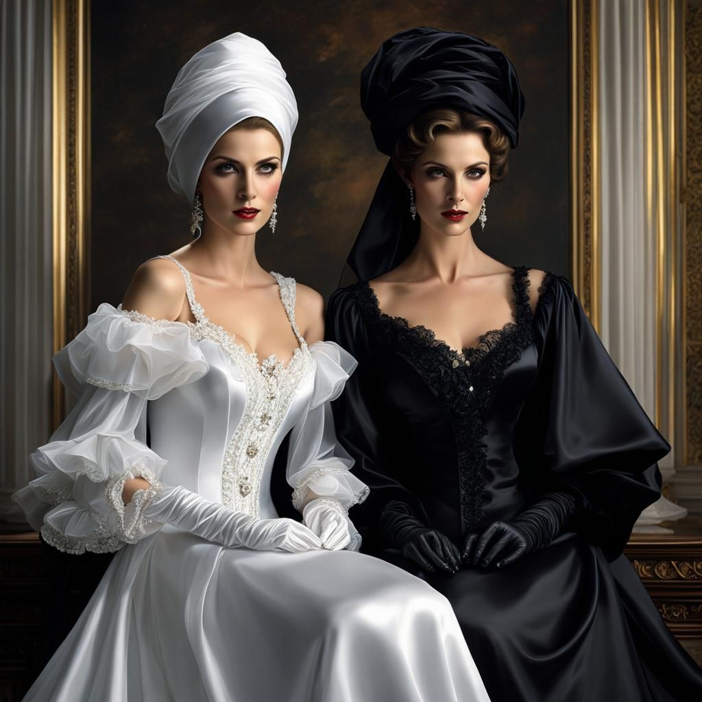 Twin Sisters Mature White Statuesque Grand Glamorous Ladies Black Satin Victorian Mourning Funeral Era Black Satin Opera...