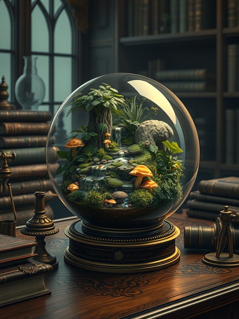 Miniature Ecosystem in Glass Orb, Botanical Illustration