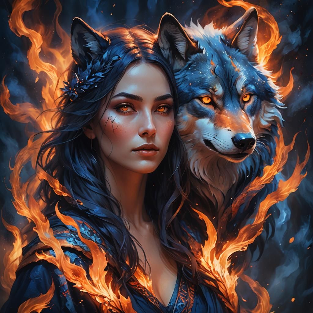 Mystical Woman and Wolf Portrait in Fantasy Art Style
