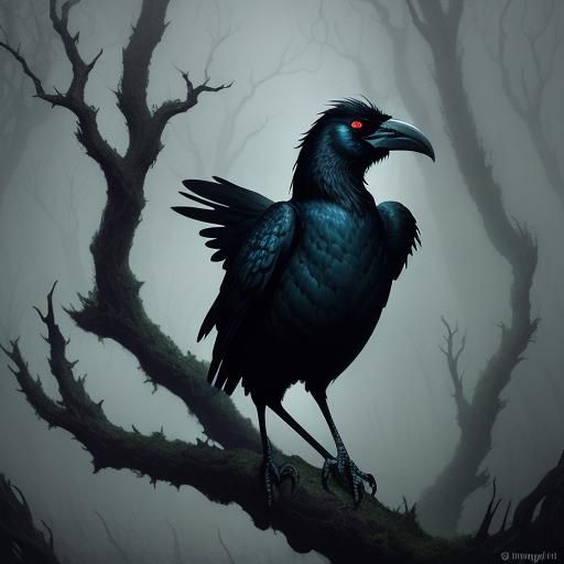 Demonic Crow in Mystical Forest: Dark Fantasy Art
