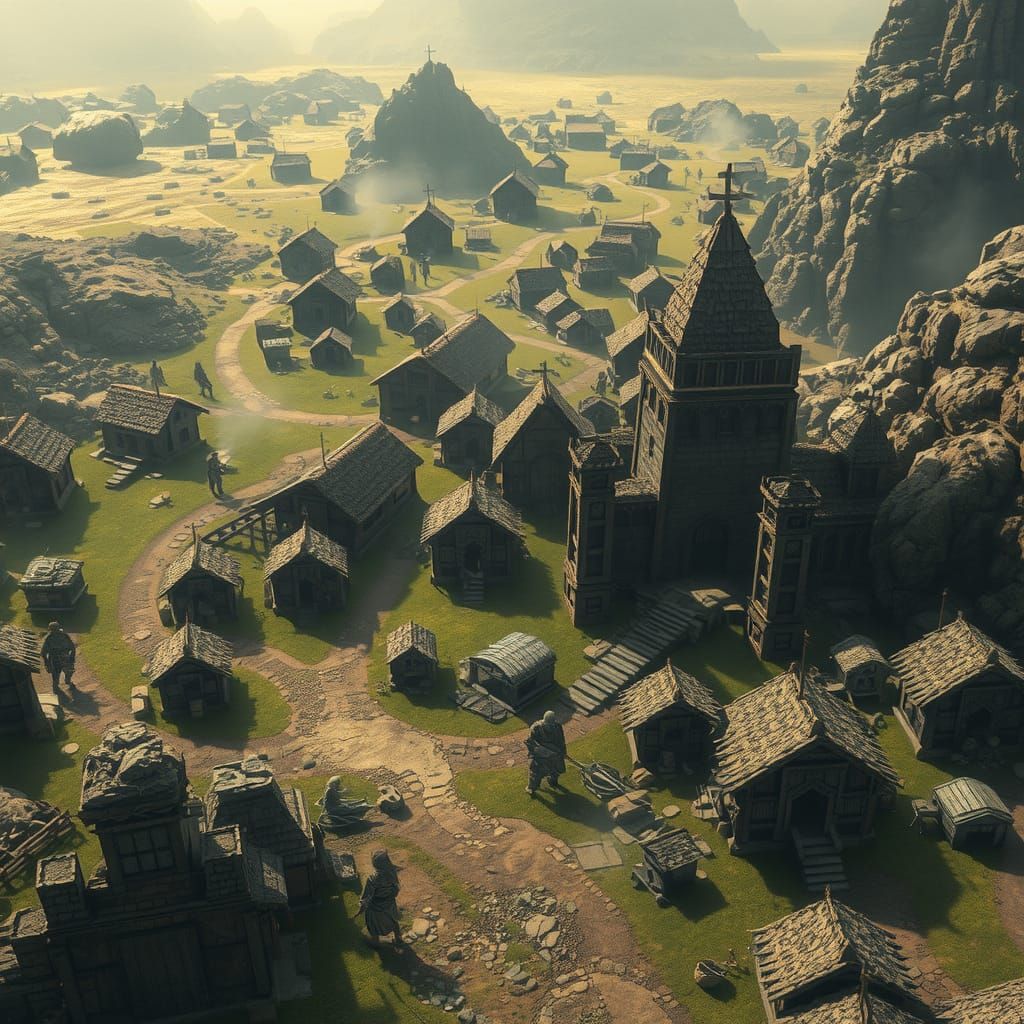 Fantasy Aerial View of Bronze Age Village