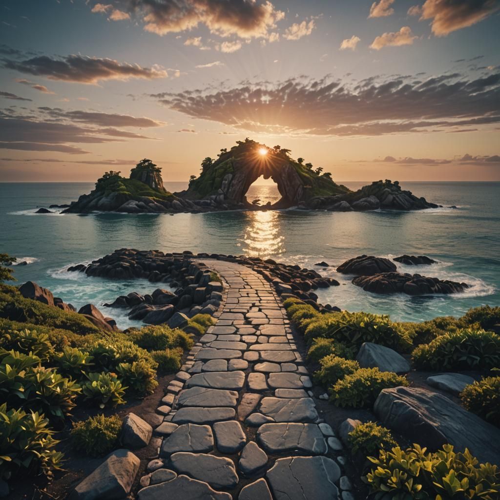 Magical Portal at Sunrise Over Ocean Islands