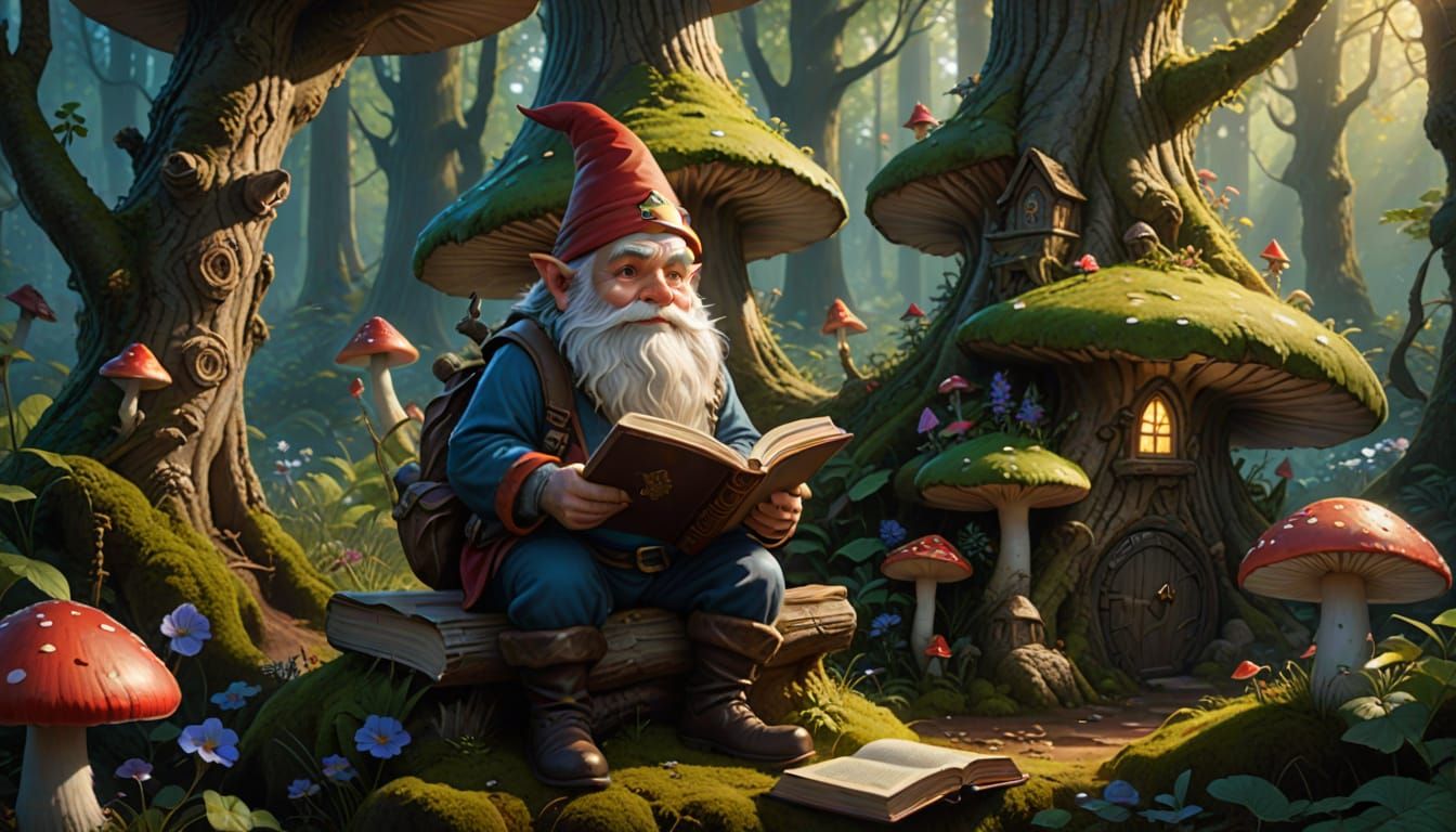 Gnome Reading Book in Enchanted Forest, Digital Art