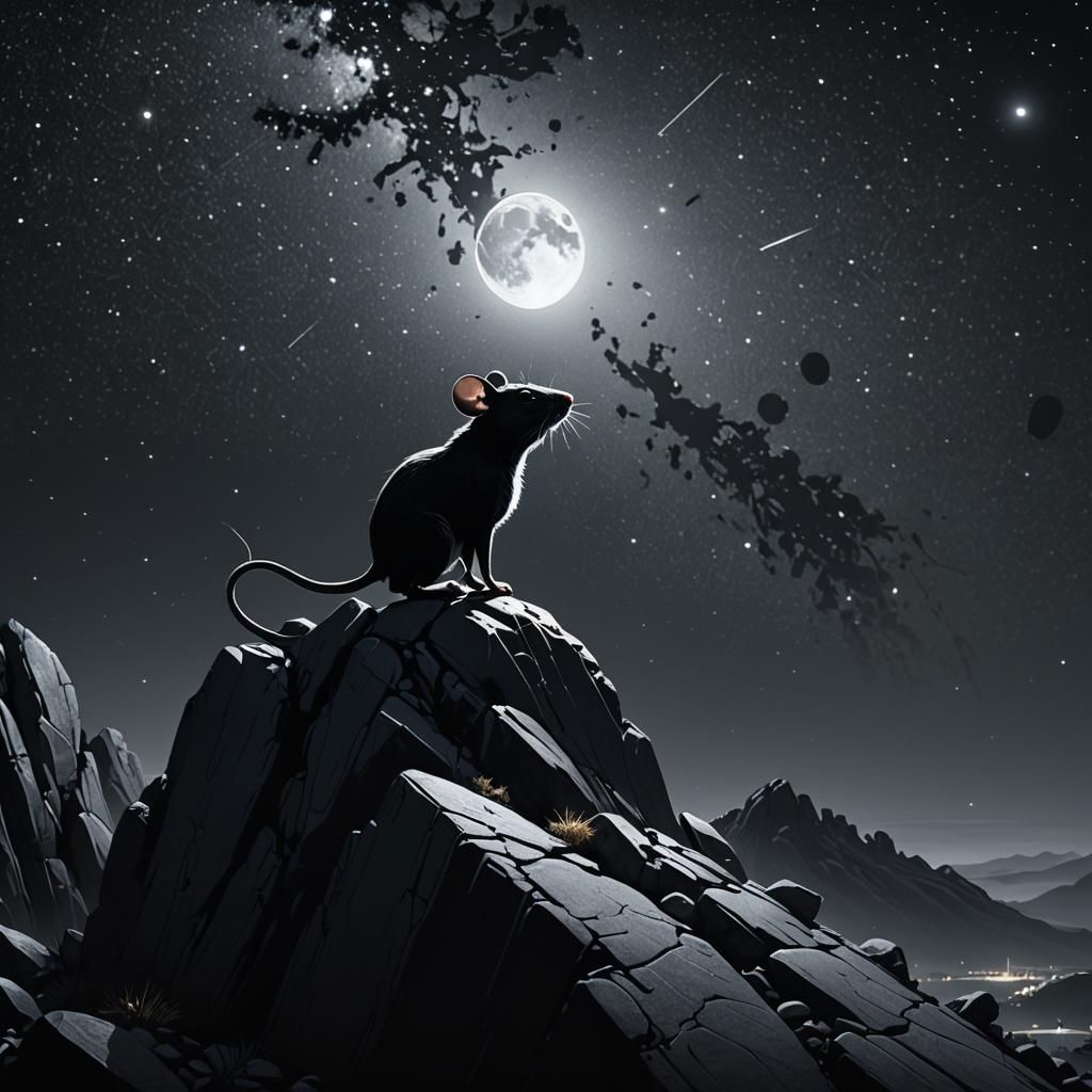 Mouse Gazing at Stars in Dramatic Monochromatic Art