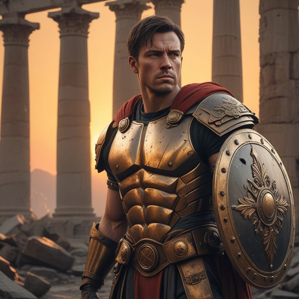 Ancient Greek Hero in Sunlit Ruins