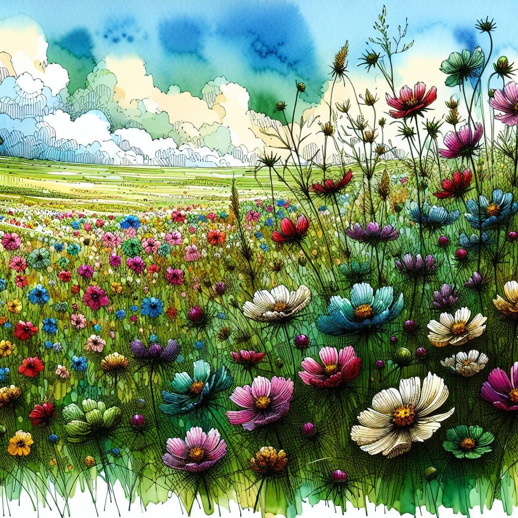 Vibrant Wildflower Field in Alcohol Ink Style
