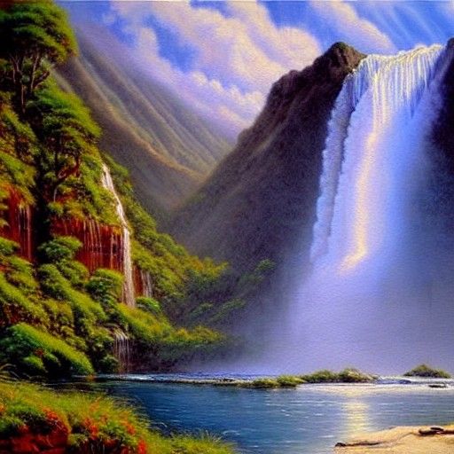 Tropical Seashore Waterfall: Oil Painting Masterpiece
