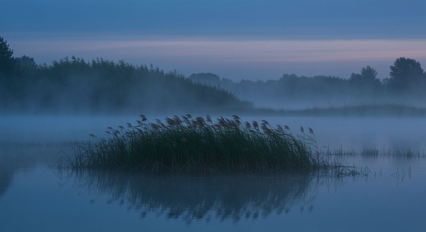 Misty Lake Reeds at Blue Hour: Award-Winning Photography