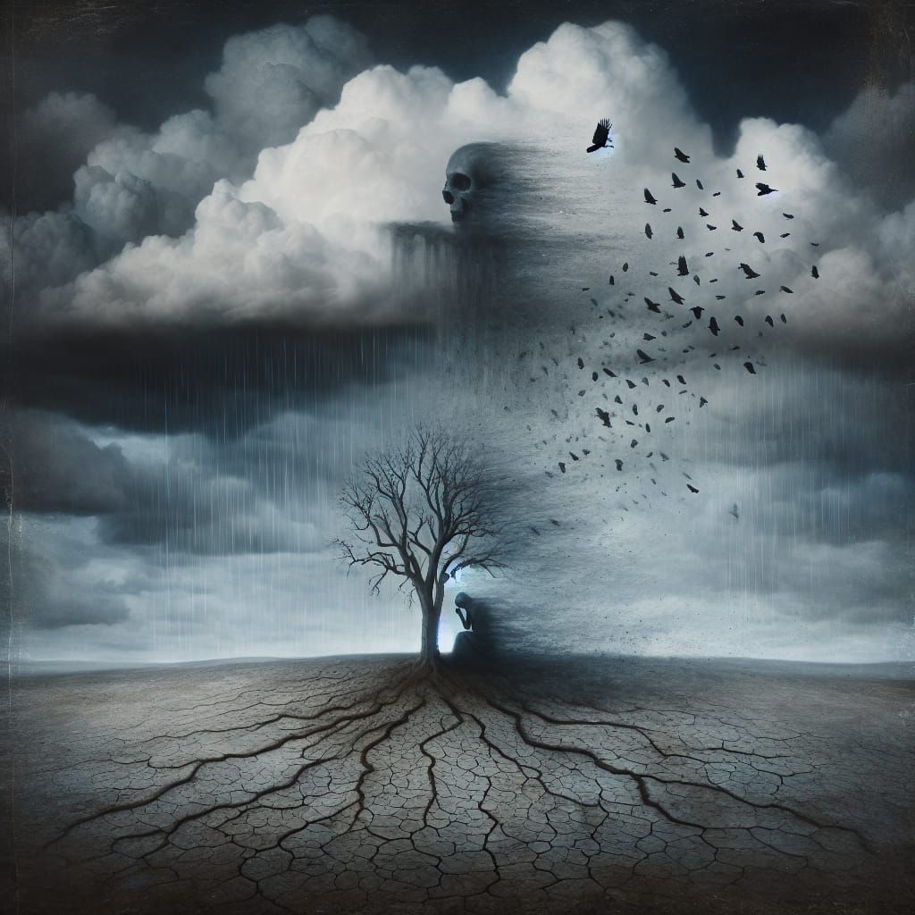 Surreal Landscape of Depression: Solitary Tree Under Storm