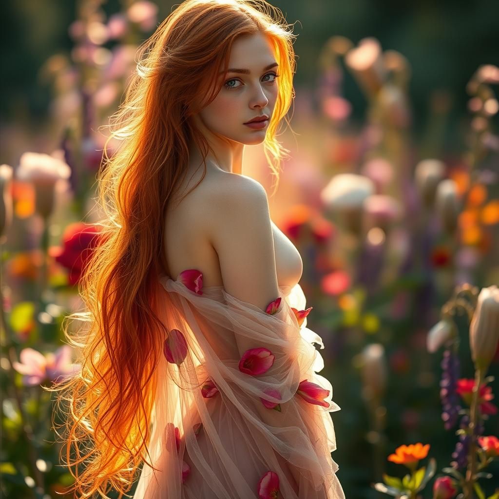 Redhead Woman in Floral Gown, Fairycore Style