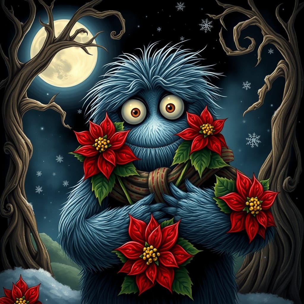Furry Monster Cradles Poinsettias in Moonlit Winter Wonderla...