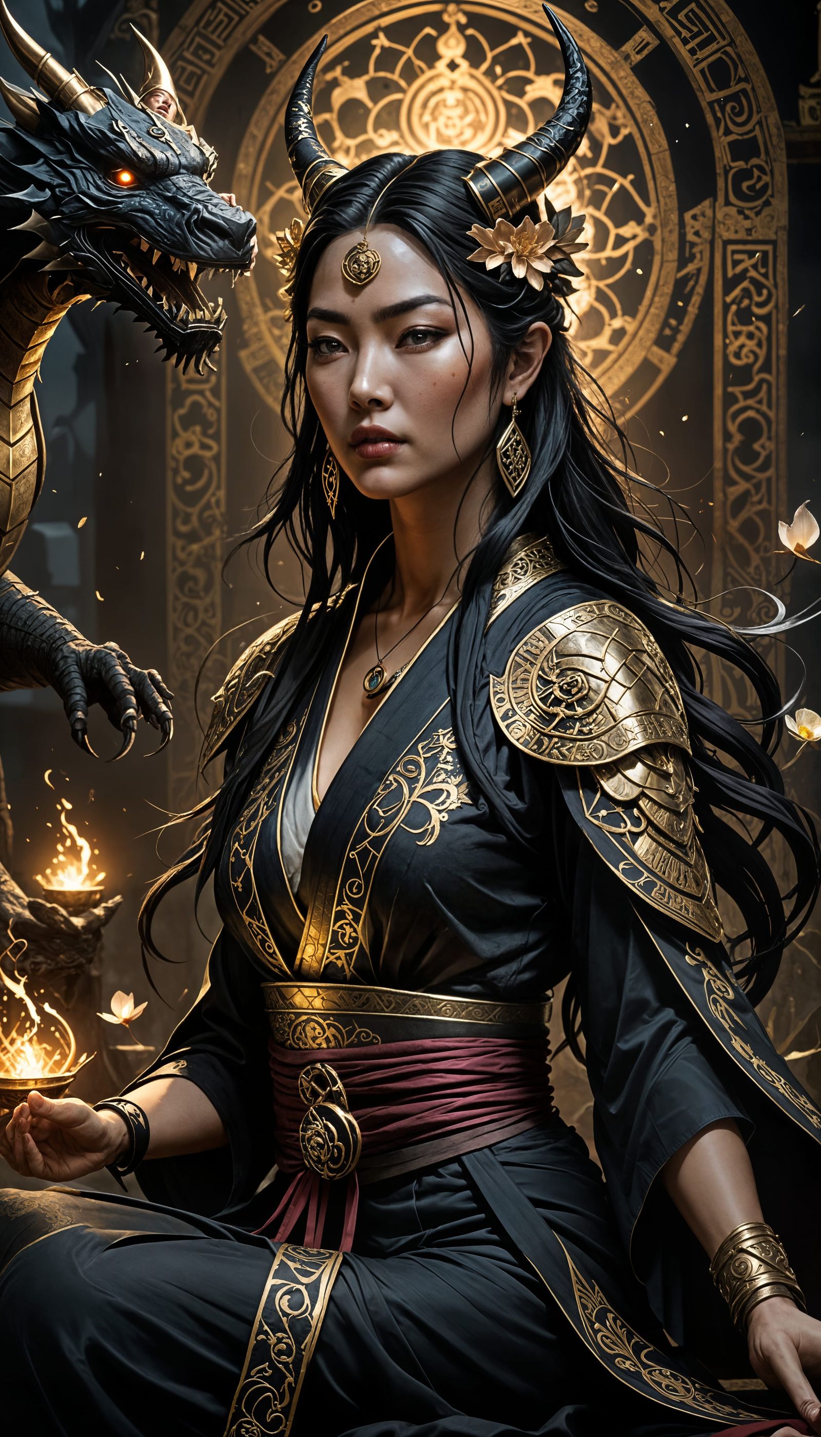 Meditative Warrior Goddess Amidst Apocalyptic Chaos