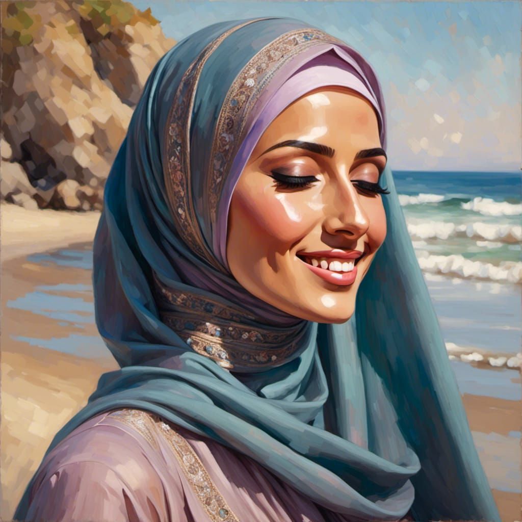 Elegant Woman in Burqini on a Sunny Beach