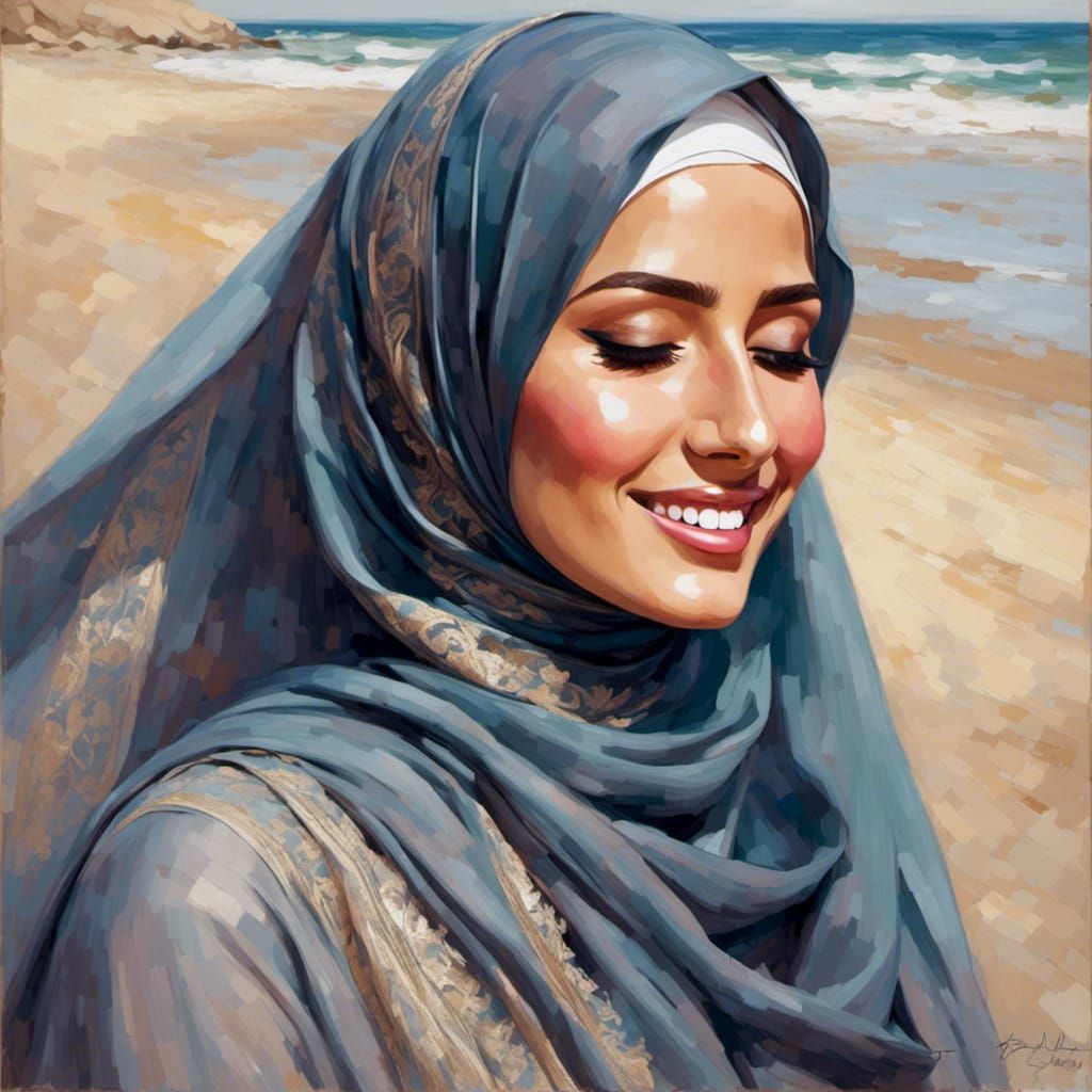 Elegant Woman in Burqini Smiling at the Beach