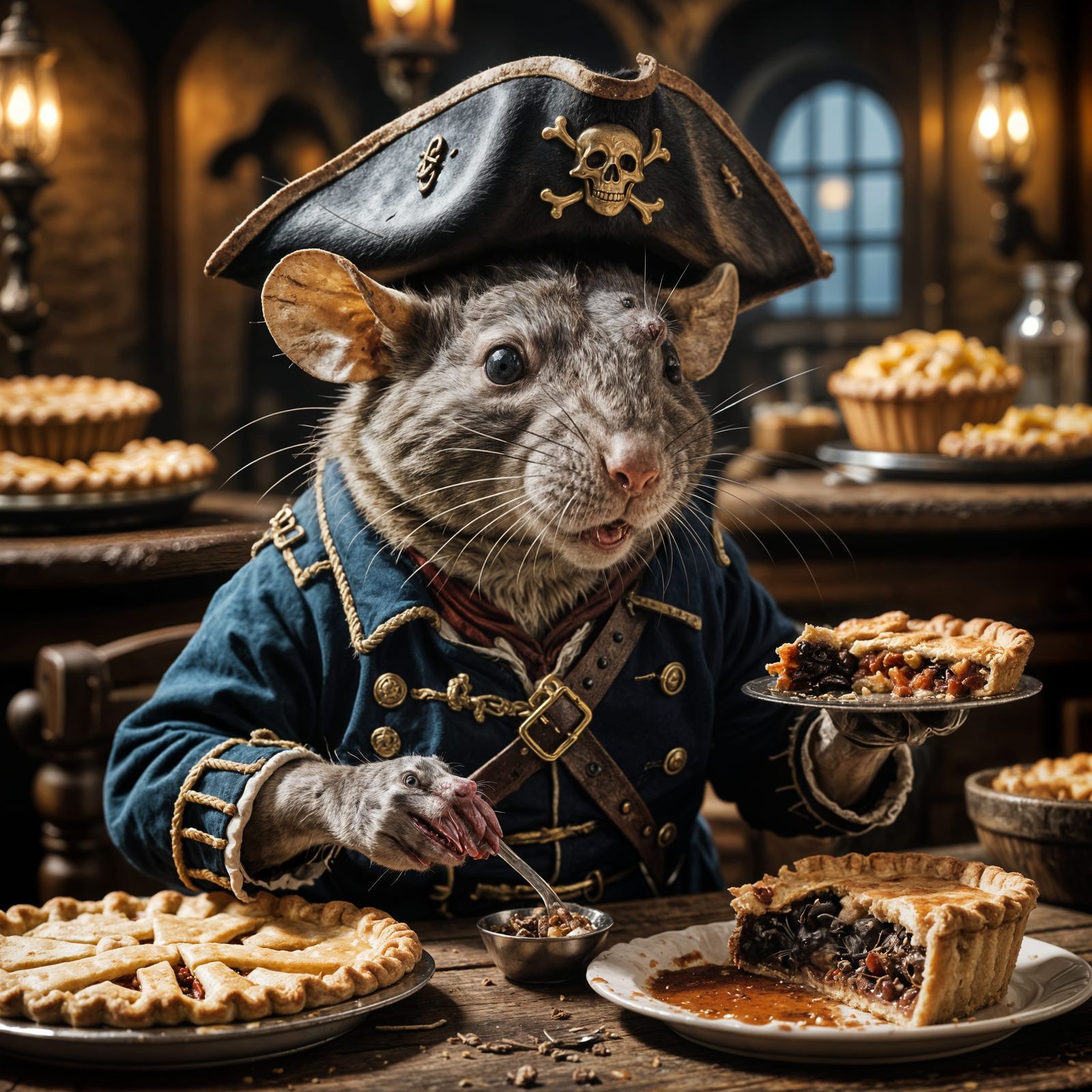 Hyperrealistic Pirate Rat Enjoying Pie, Detailed Image
