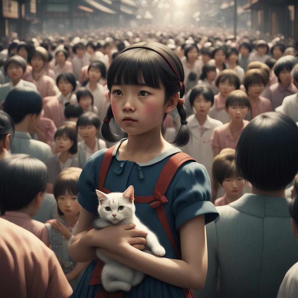 Girl with Cat Lost in 1960s Japan: Photo-Realistic