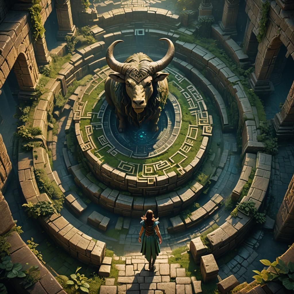 Girl and Minotaur in Mystical Labyrinth
