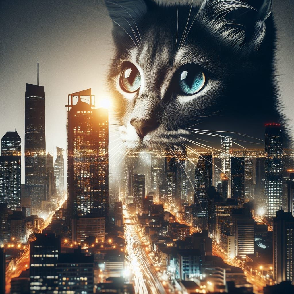 Surreal Cityscape Cat in Black and White