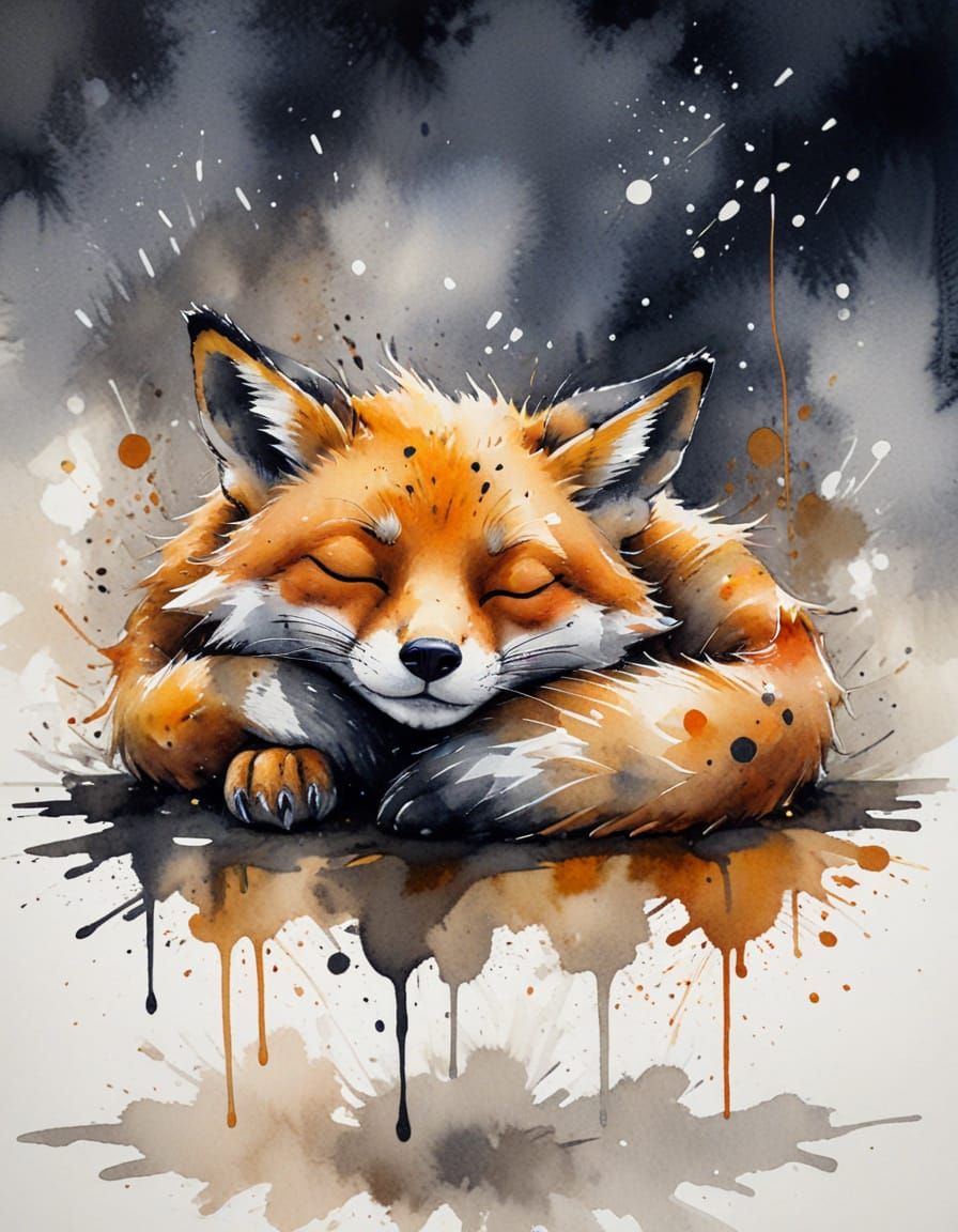 Relaxed Fox in Ink Splatter Watercolor Style