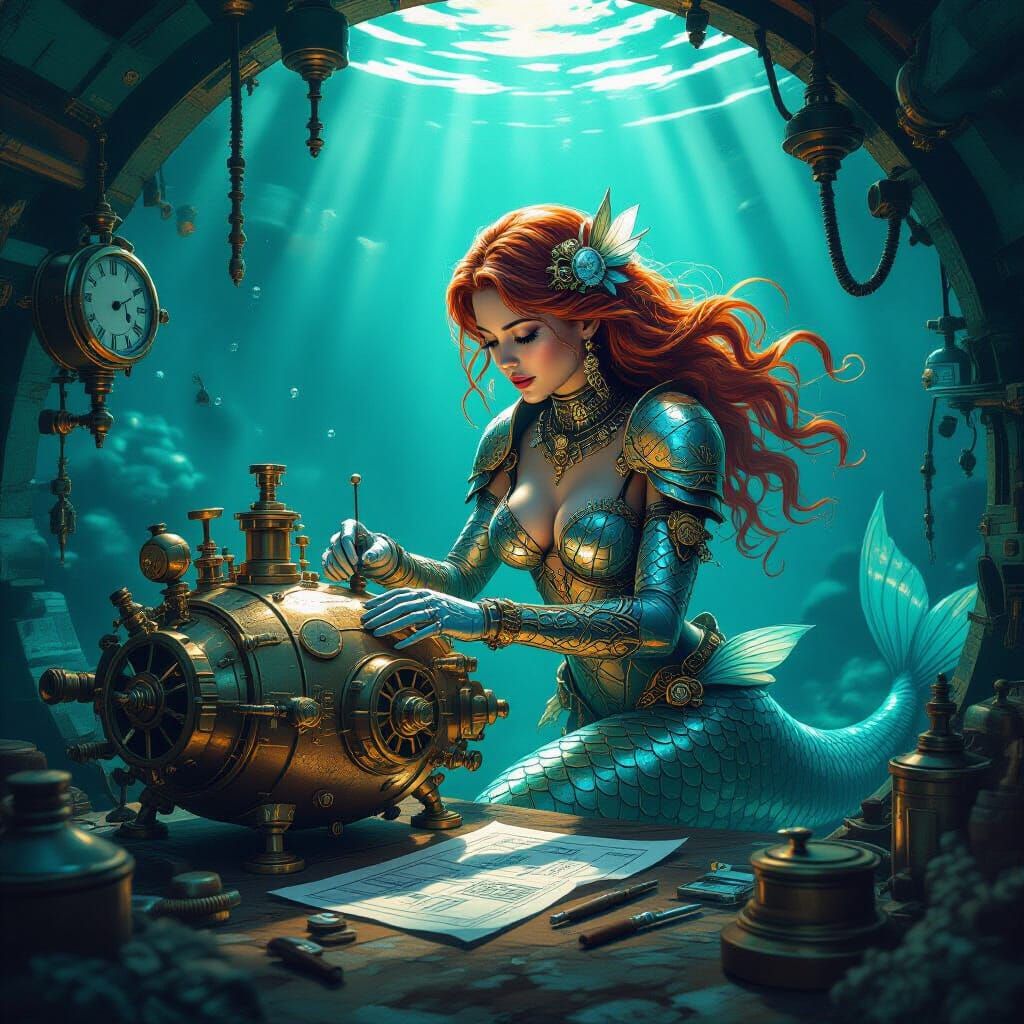 Steampunk Mermaid Inventor in Underwater Workshop
